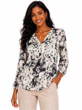 Saint Tropez West Black Cream Floral Pintuck Pleated Blouse Size 16